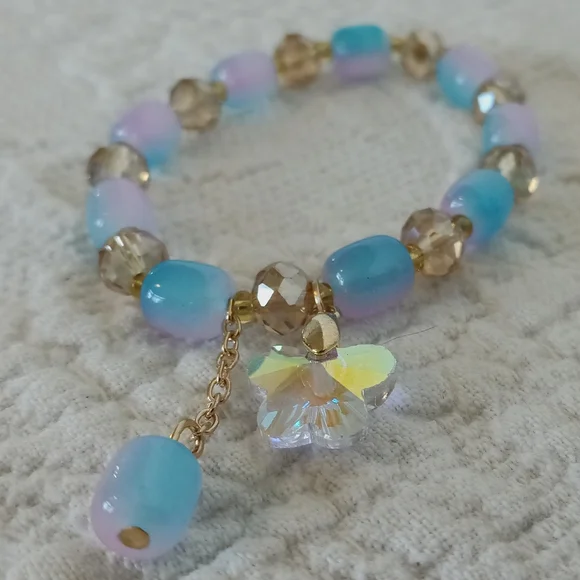 Sparkling Teal Beaded Charm Bracelet Set Blue Pink Flower Butterfly Cute Fairy - Picture 5 of 9